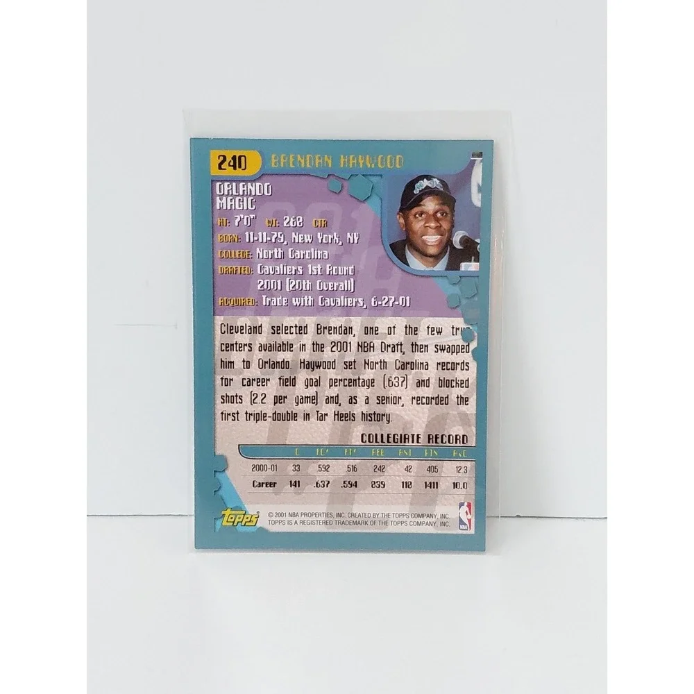 2001 TOPPS ROOKIE  #240 BRENDAN‎ HAYWOOD BASKETBALL CARD